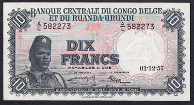 Belgian Congo, 10 Francs, 1957, XF. Description : Belgian Congo, Banque Centrale du Congo Belge 