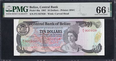 Belize, 10 Dollars, 1987, Gem UNC 66 EPQ. Description : Belize, Central Bank, 10 Dollars - 