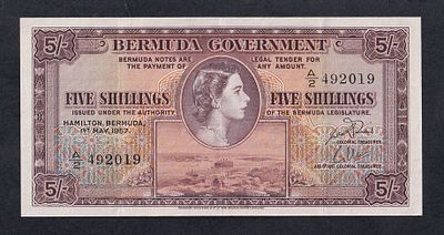 Bermuda, 5 Shillings, 1957, XF. Description : Bermuda, Bermuda Government, 5 Shillings, 1957 