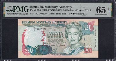 Bermuda, 20 Dollars, 2000-07 (2008), Gem UNC 65 EPQ. Description : Bermuda, Monetary Authority 