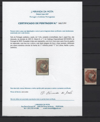 Portugal 1853 D. Maria II 5r C/ Certificado Miranda da Mota. 
Usado. 
Cabe ao licitante 