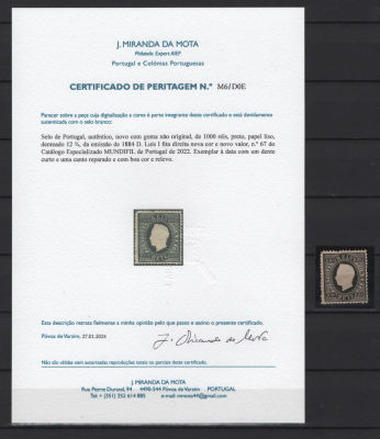 Portugal 1884 D. Luís I. Fita direita. Nova cor e valor 100r c/ Certificado Miranda da Mota. Port 