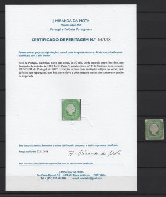 Portugal 1855-1856 D. Pedro V. Cabelos lisos 50r c/ Certificado Miranda da Mota. 
Novo. 
Cabe ao 