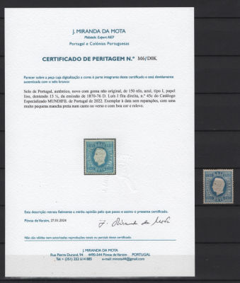 Portugal 1870-1876 D. Luís I. Fita direita 150r c/ Certificado Miranda da Mota. 
Novo. 
Cabe ao 