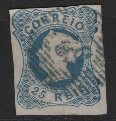 Portugal 1853 D. Maria II 25r Carimbo Azul. 
Cancelado. 
Cabe ao licitante 
