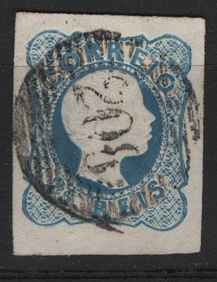 Portugal 1855-1856 D. Pedro V. Cabelos lisos 25r Carimbo 208 Faro. 
Cancelado. 
Cabe ao 