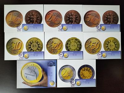 Portugal 2001 8 Postais com Etiquetas do Euro. 
Carimbado. 
Cabe ao licitante verificar 