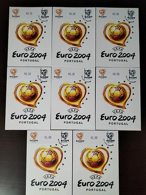 Portugal 2004 8 Postais com Etiquetas do Euro 2004. 
Carimbado. 
Cabe ao licitante verificar 