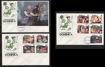 Dominica 1980 3 Fdc Peter Pam Disney Série completa. 
Circulado. 
Cabe ao licitante verificar 