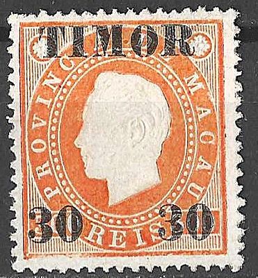 Timor 1892 D. Luís I Selos de Macau, com sobretaxa. 
Novo com marca de charneira sem goma. 