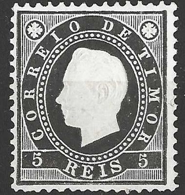 Timor 1888 D. Luis I, Fita direita 5 reis 
Novo com sinal de charneira sem goma. 
Cabe ao 