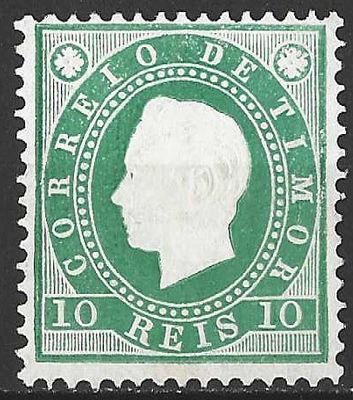 Timor 1888 D. Luis I, Fita direita 10 reis 
Novo com sinal de charneira sem goma. 
Cabe ao 