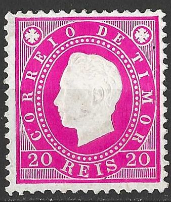 Timor 1888 D. Luis I, Fita direita 20 reis 
Novo com sinal de charneira com goma. 
Cabe ao 