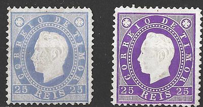 Timor 1888 D. Luis I, Fita direita 25 reis 2 tons. 
Novo com sinal de charneira com e sem goma. 