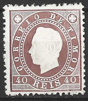 Timor 1888 D. Luis I, Fita direita 40 reis. 
Novo com sinal de charneira sem goma. 
Cabe ao 