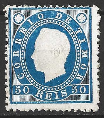 Timor 1888 D. Luis I, Fita direita 50 reis. 
Novo com sinal de charneira sem goma. 
Cabe ao 
