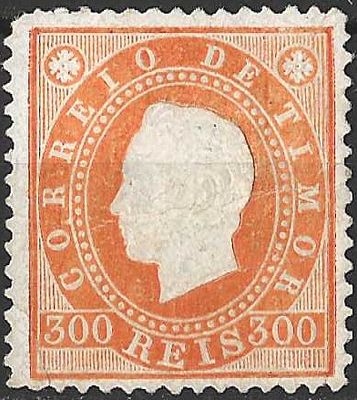 Timor 1888 D. Luis I, Fita direita 300 reis. 
Novo com sinal de charneira sem goma. 
Cabe ao 