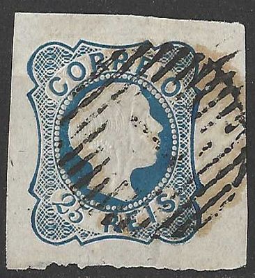 Portugal 1855-1856 D. Pedro V. Cabelos lisos 25r Carimbo 1 Lisboa Grandes Margens. 
Circulado. 