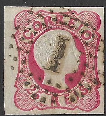 Portugal 1856-1858 D. Pedro V. Cabelos anelados 25r Carimbo de Pontos 1 Lisboa. 
Circulado. 
