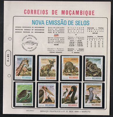 Moçambique 1981 Pagela Animais Protegidos de Moçambique c/ Série completa Bilingue. Moçambique 