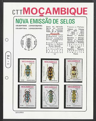 Moçambique 1978 Pagela Coleópteros c/ Série completa. 
Selos Novos sem marca de charneira com 