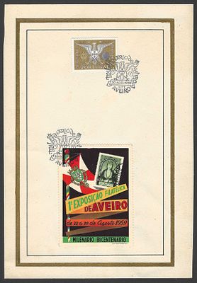 Bloco Comemorativo da 1.&ordf; Exposi&ccedil;&atilde;o Filat&eacute;lica de Aveiro – 1959 | Milen&aacute;rio & Bicenten&aacute;rio. Pe&ccedil;a 