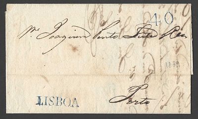 1839 Carta Pr&eacute;-Filat&eacute;lica de 1839 de Lisboa para o Porto com Porte “40” em Azul e Marca “LISBOA”. 