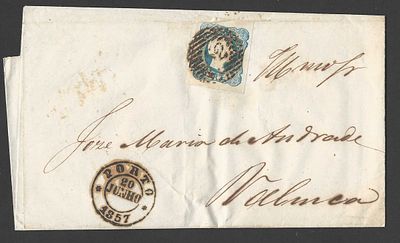 Portugal 1857 – Carta circulada do Porto para Valen&ccedil;a com selo D . Pedro V. Cabelos lisos de 
