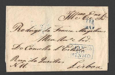 Portugal – Pr&eacute;-filatelia – Carta circulada de Vianna do Minho para Lisboa com marcas azuis “40” 