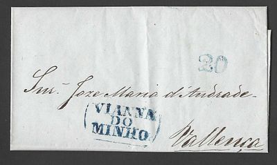 Portugal 1941 – Pr&eacute;-filatelia – Carta circulada de Vianna do Minho para Valen&ccedil;a com marca azul 