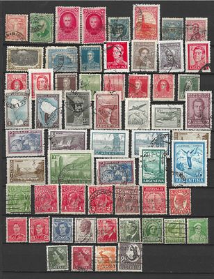 Argentina e Austr&aacute;lia – Lote de +70 selos cl&aacute;ssicos e tem&aacute;ticos – figuras hist&oacute;ricas, paisagens 