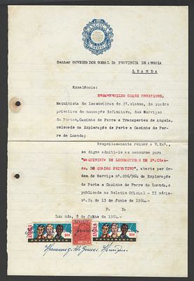 Documento Oficial de Angola com Selos de Assist&ecirc;ncia e Povoamento (1964) – Caminhos de Ferro / 