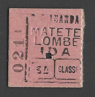 Bilhete Ferrovi&aacute;rio Colonial – Matete para Lombe (3.&ordf; Classe – Ida). Bilhete ferrovi&aacute;rio emitido 