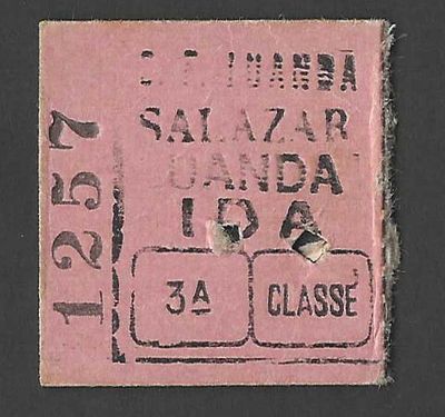 Bilhete Ferrovi&aacute;rio Colonial – Salazar para Luanda (3.&ordf; Classe – Ida). Bilhete ferrovi&aacute;rio 