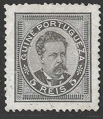 Guin&eacute; 1886 D. Lu&iacute;s I 5r. 
Novo com marca de charneira sem goma.