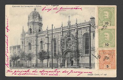 Postal circulado de Lisboa para Viena – 1903 – Convento dos Jer&oacute;nimos – Franqueio de 25 r&eacute;is. Pos 