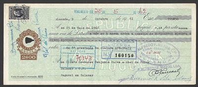 Angola 1961 Letra de C&acirc;mbio de Angola (1961/62) com Selos Fiscais Coloniais – Banco de Angola. Do 