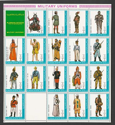 Folha Completa de Selos – Uniformes Militares – Ajman State – Tema Hist&oacute;rico Mundial. Folha 