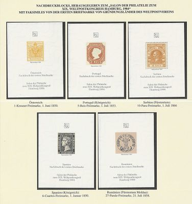 Fac-s&iacute;miles das Primeiras Emiss&otilde;es Postais – Congresso Mundial de Filatelia, Hamburgo 1984. Conju 