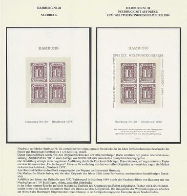 Hamburgo N&ordm; 20 – Reimpress&otilde;es Oficiais (1978 e 1984) do Selo de 1&frac14; Schilling de 1866. Dupla 