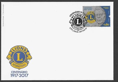 Portugal 2017 – FDC Centen&aacute;rio Lions International 1917-2017 – Carimbo Comemorativo CTT Lisboa. E 