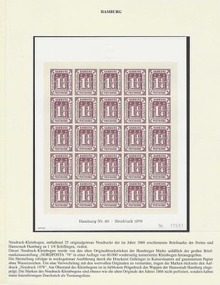 Hamburgo – Bloco de Reimpress&atilde;o da Emiss&atilde;o Cl&aacute;ssica de 1&frac14; Schilling (1866), Edi&ccedil;&atilde;o “Neudruck 1978”. 