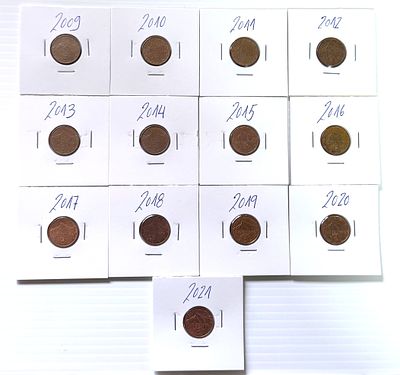 Lote C/13 Moedas de 0.01 Euro - Eslov&aacute;quia - Ano 2009 a 2021. Moedas Circuladas. 
Cabe ao 