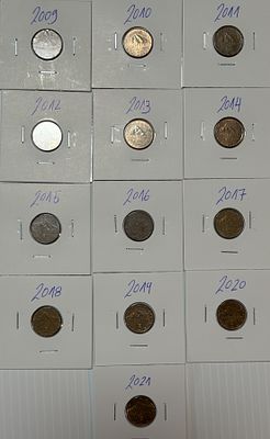 Lote C/13 Moedas de 0.01 Euro - Eslov&aacute;quia - Ano 2009 a 2021. Moedas Circuladas. 
Cabe ao 