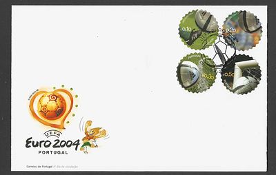 Portugal 2003 – FDC UEFA BOLAS DO EURO 2004 – S&eacute;rie Completa em Formato Especial – Carimbo 1.&ordm; Dia. 