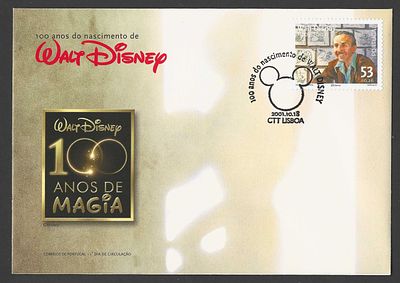 Portugal 2001 – FDC “100 Anos do Nascimento de Walt Disney” – Selo &Uacute;nico – 1.&ordm; Dia. Envelope de 