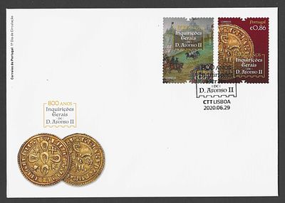 Portugal 2020 – FDC “800 Anos das Inquiri&ccedil;&otilde;es Gerais de D. Afonso II” – Carimbo de 1.&ordm; Dia. Envel 