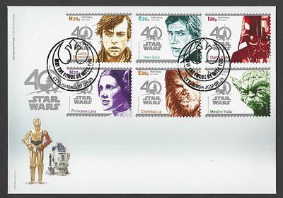 Portugal 2017 – FDC “Star Wars – 40.&ordm; Anivers&aacute;rio” – Carimbo de 1.&ordm; Dia. Envelope de Primeiro 