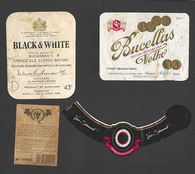Lote R&oacute;tulos Antigos de Bebidas – Whisky Black & White, Bucellas Velho, Espumante It&aacute;lia e 