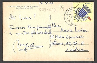 Angola 1966 Postal Lobito → Lisboa – Capela N. Sra. da Arr&aacute;bida. Postal ilustrado de Lobito 